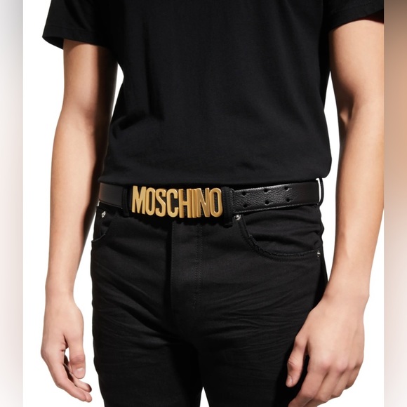 Moschino Couture Black Leather W Gold Textured Logo Belt Size 48 Waist 28-32 - Picture 16 of 16